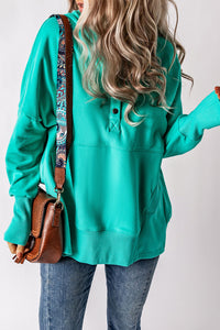 Green Batwing Sleeve Pocketed Henley Hoodie