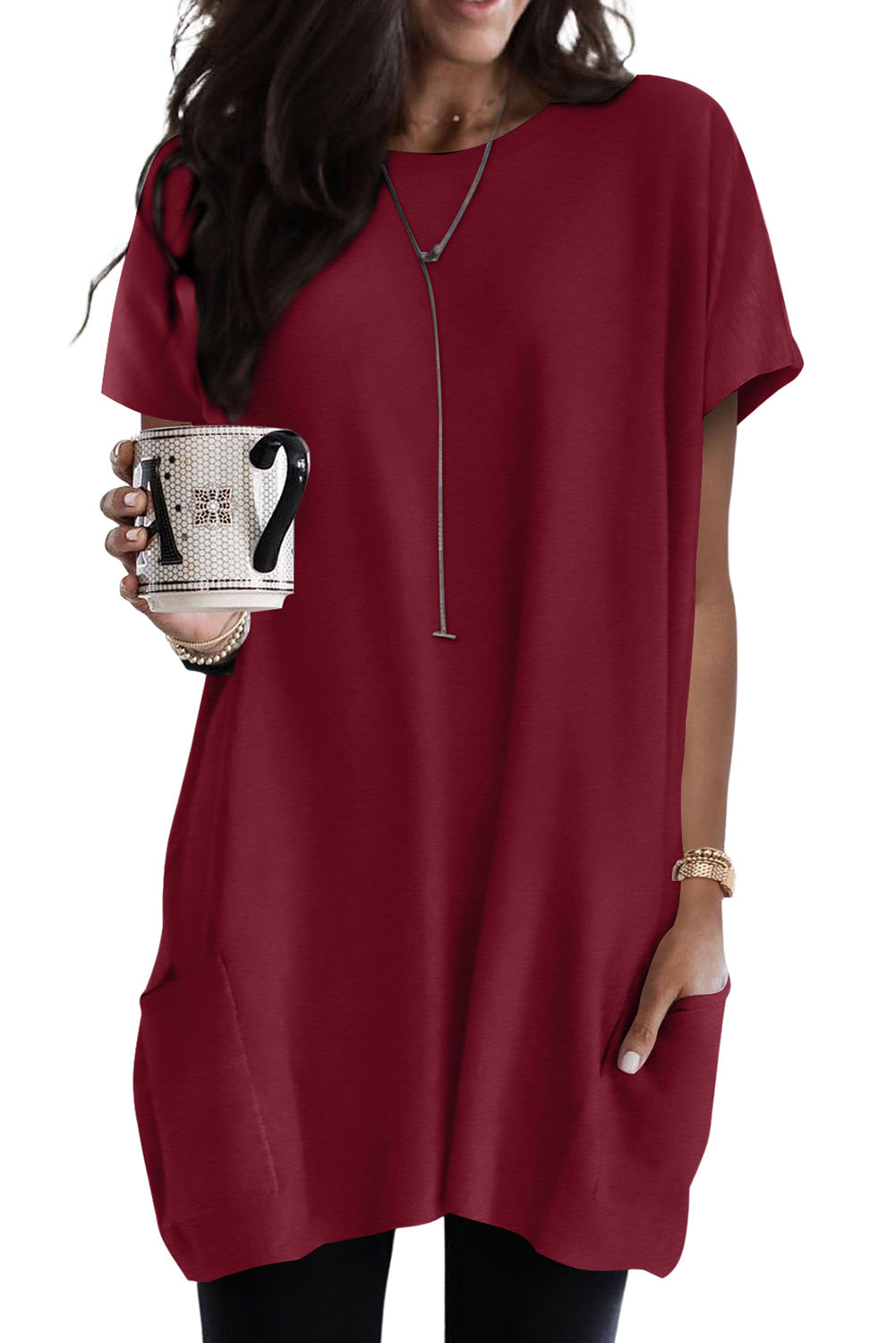 Gray Side Pockets Short Sleeve Tunic Top