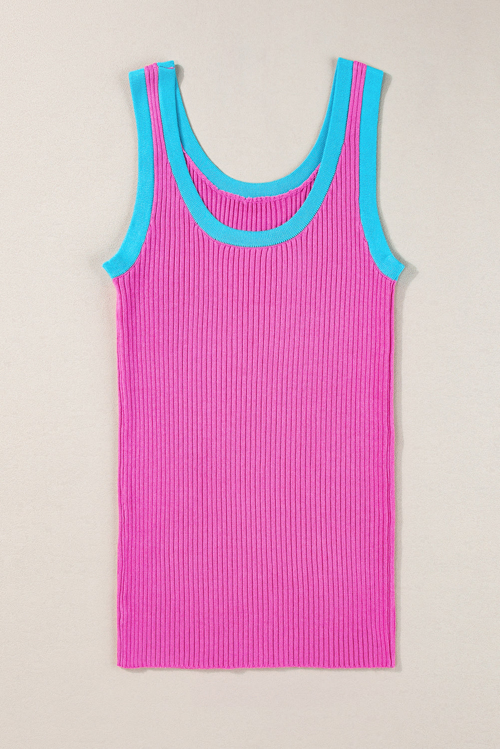 Blue Colorblock Edge Ribbed Knit U Neck Tank Top