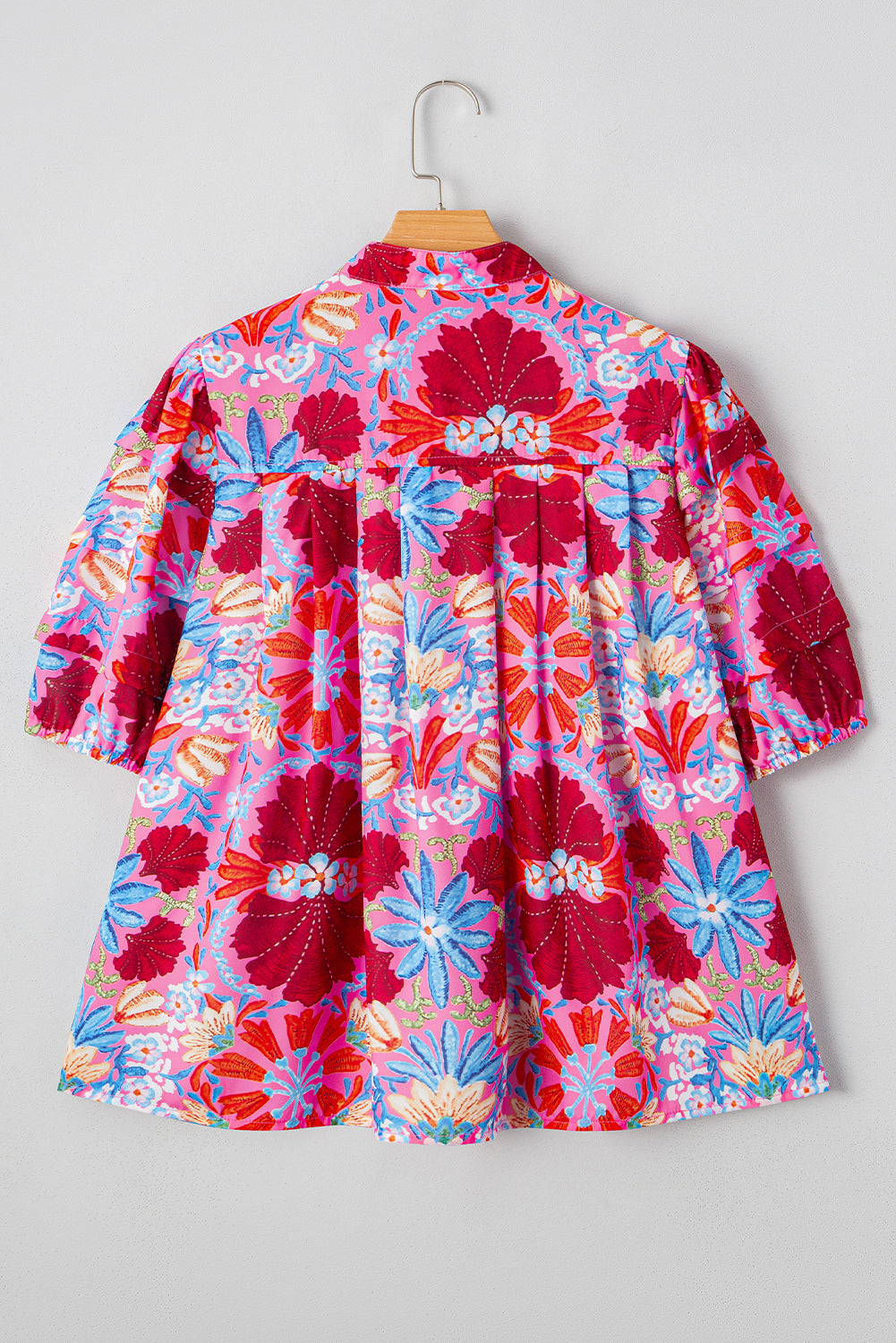 Pink Floral Print Bubble Sleeve Button Up Pleated Shirt