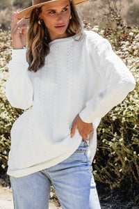 White Cable Textured Long Sleeve Round Neck Top