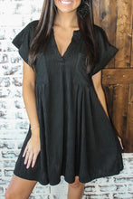 Load image into Gallery viewer, Black Textured V Neck Short Sleeve Pockted Mini Dress
