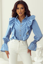 Load image into Gallery viewer, Myosotis Ruffled Shirred Cuffs Button up Chambray Shirt
