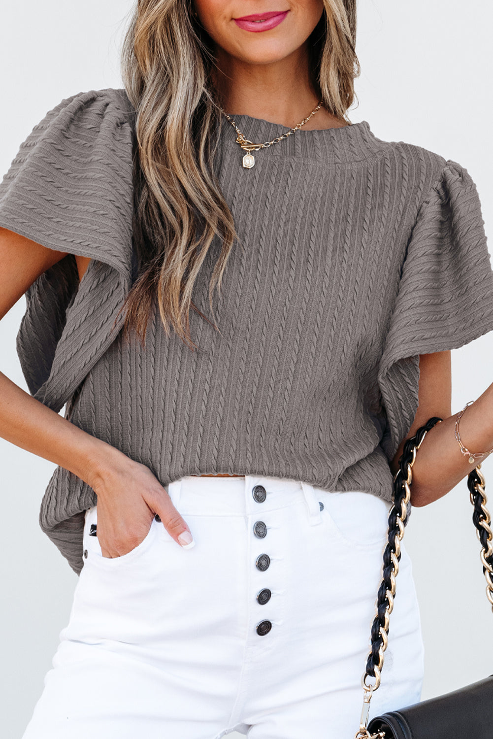 Sleet Solid Color Textured Flutter Sleeve Top