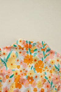 Multicolour Floral Print Bubble Sleeve V Neck Blouse