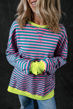 Load image into Gallery viewer, Green Stripe Oversized Contrast Trim Pullover Sweatshirt
