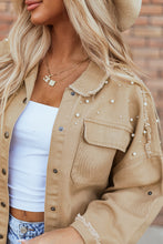 Load image into Gallery viewer, Khaki Pearl Beaded Raw Hem Button Up Denim Jacket
