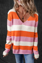 Load image into Gallery viewer, Orange Stripe Colorblock V Neck Casual Sweater
