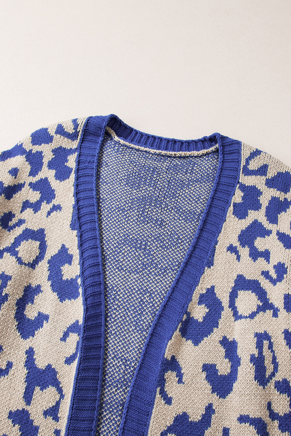 Dark Blue Stripe Sleeve Leopard Print Open Front Cardigan With Pockets