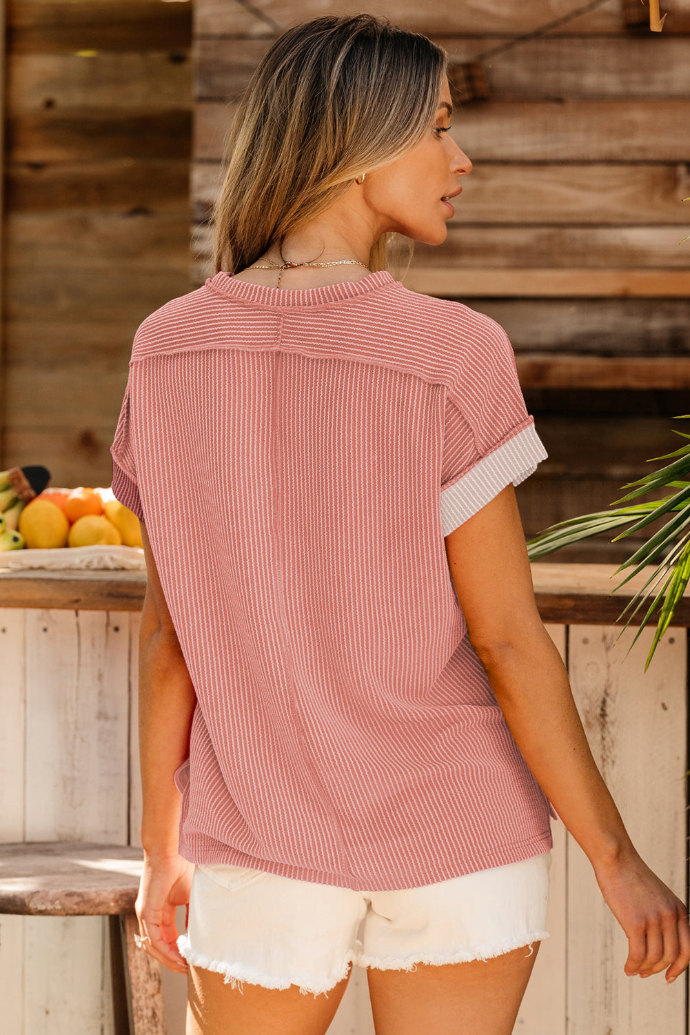 Pink Textured Colorblock Crew Neck T Shirt