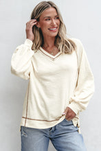 Load image into Gallery viewer, Beige Exposed Seam Textured Knit V Neck Pullover Top
