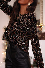 Load image into Gallery viewer, Chicory Coffee Sequin Long Sleeve Cutout Back Top
