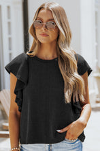 Load image into Gallery viewer, Black Ribbed Knit Ruffled Short Sleeve T Shirt
