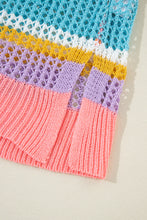 Load image into Gallery viewer, Pink Stripe Colorblock Hollowed Crochet 3/4 Sleeve Sweater
