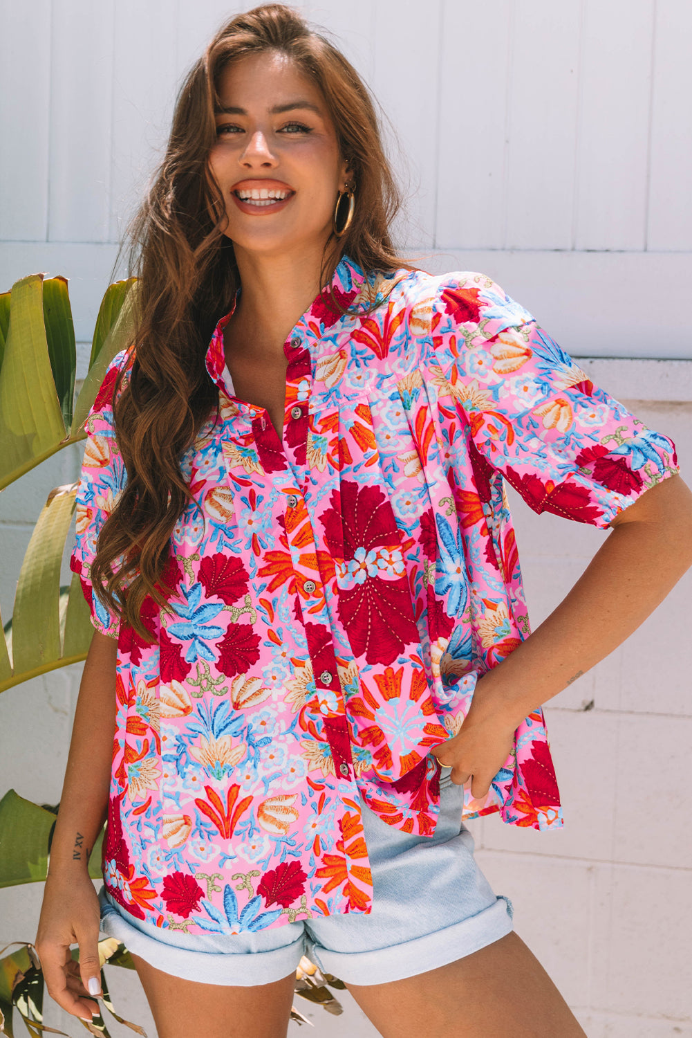 Pink Floral Print Bubble Sleeve Button Up Pleated Shirt