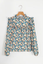 Load image into Gallery viewer, Sky Blue Floral Print Frilled Mock Neck Puff Sleeve Blouse
