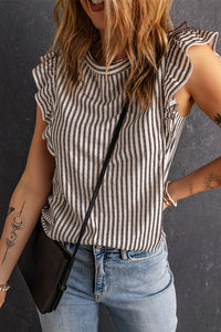 Khaki Striped Crew Neck Ruffled Tank Top