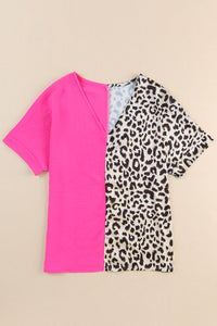 Rose Contrast Leopard Color Block Blouse