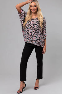 Pink Multicolor Leopard Print V Neck Oversized Blouse