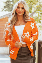 Load image into Gallery viewer, Orange Floral Print Knitted Open Front Loose Cardigan
