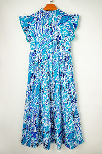 Sky Blue Plus Abstract Print Split Neck Ruffled Sleeve Tiered Long Dress