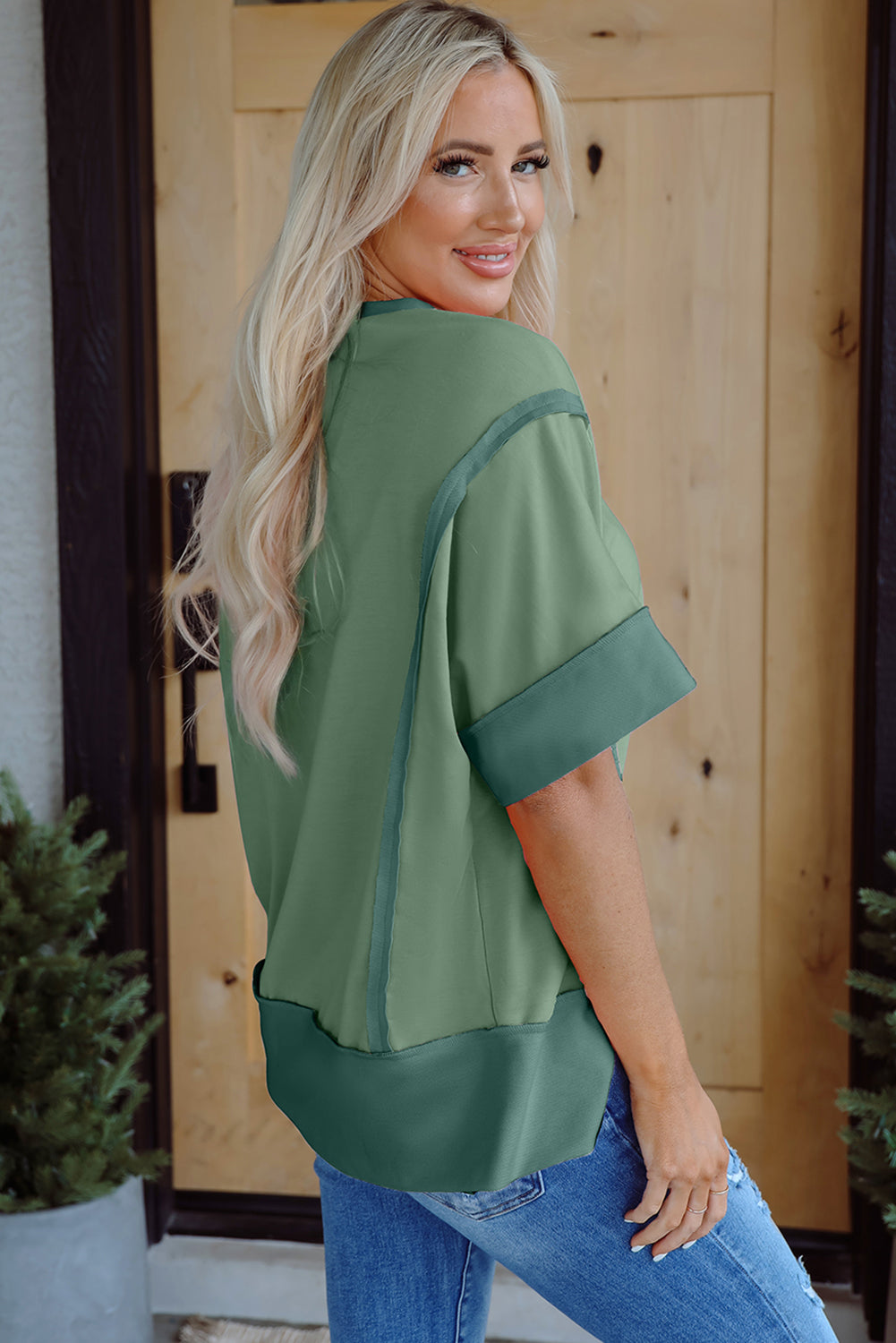 Smoke Green Half Sleeve Raw Seam High Low Side Split Top