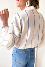 Load image into Gallery viewer, Sky Blue Stripe Drop Shoulder Bubble Sleeve Loose Shirt
