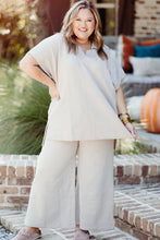 Load image into Gallery viewer, Beige Plus Size Textured Collared Top and Pants Set
