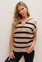 Load image into Gallery viewer, Khaki Stripe Zipped Collar Short Sleeve Sweater
