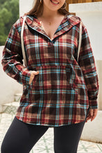 Load image into Gallery viewer, Green Plus Size Plaid Kangaroo Pocket Drawstring Hoodie
