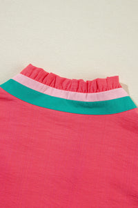 Carrot Colorful Trim V Neck Short Sleeve Blouse