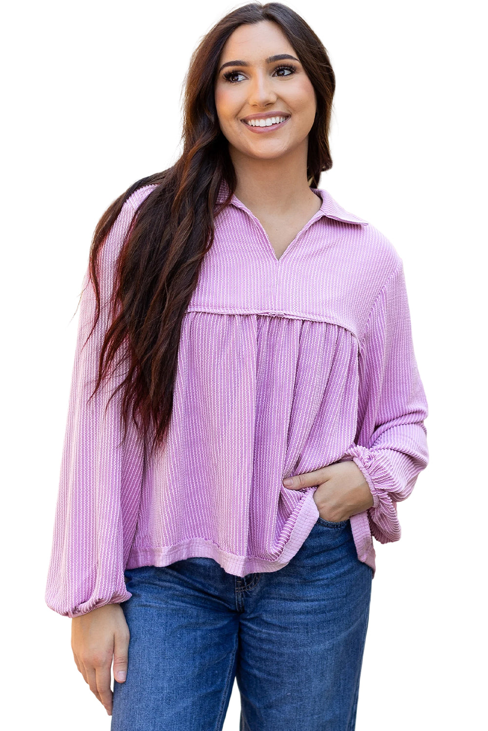 Bright Pink Corded Turn-down V Neck Bubble Sleeve Babydoll Blouse