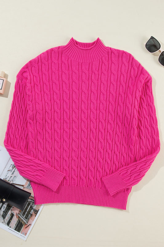 Rose Red Solid Cable Knit High Neck Drop Shoulder Sweater