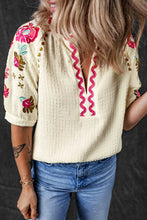 Load image into Gallery viewer, White Floral Embroidered Ricrac Puff Sleeve Textured Blouse
