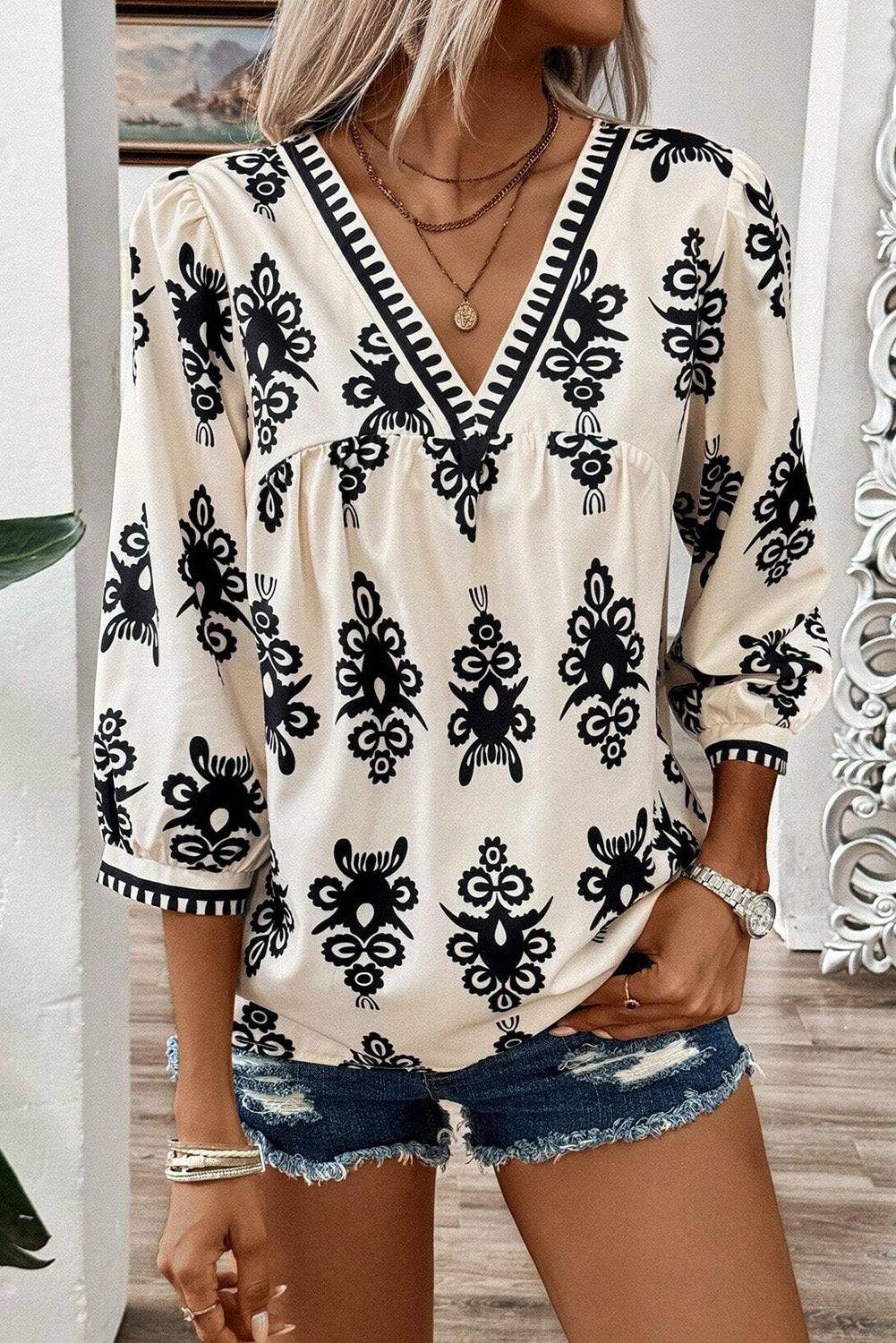 Black Vintage Geometric Printed 3/4 Sleeve V Neck Blouse