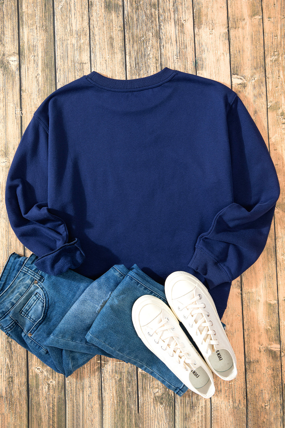 Navy Blue Solid Fleece Lined Drop Shoulder Terry Sweatshirt