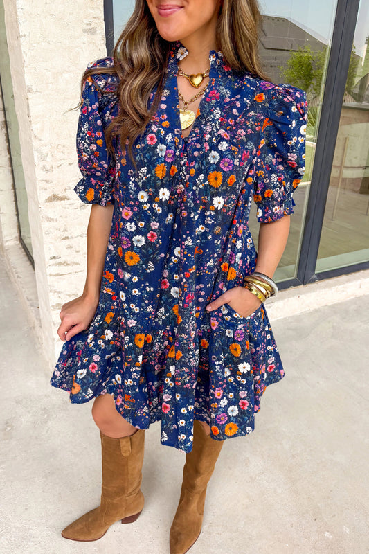 Blue Wild Daisy Floral Split Neck Short Puff Sleeve Mini Dress