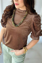 Load image into Gallery viewer, Camel Ruffled Arm Velvet Top
