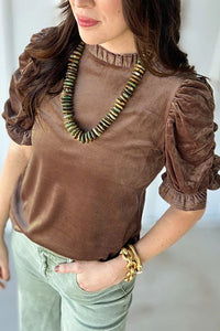 Camel Ruffled Arm Velvet Top