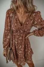 Load image into Gallery viewer, Brown Boho Floral Ruffled Puff Sleeve V Neck Mini Dress
