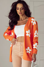 Load image into Gallery viewer, Orange Floral Print Knitted Open Front Loose Cardigan
