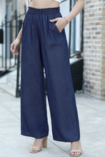 Load image into Gallery viewer, Sail Blue Side Pockets Frilled Smocked High Waist Wide Leg Jeans
