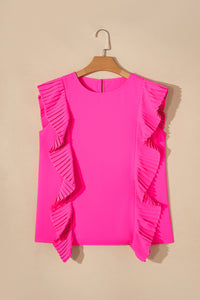 Bright Pink Pleated Ruffle Patchwork Sleeveless Blouse