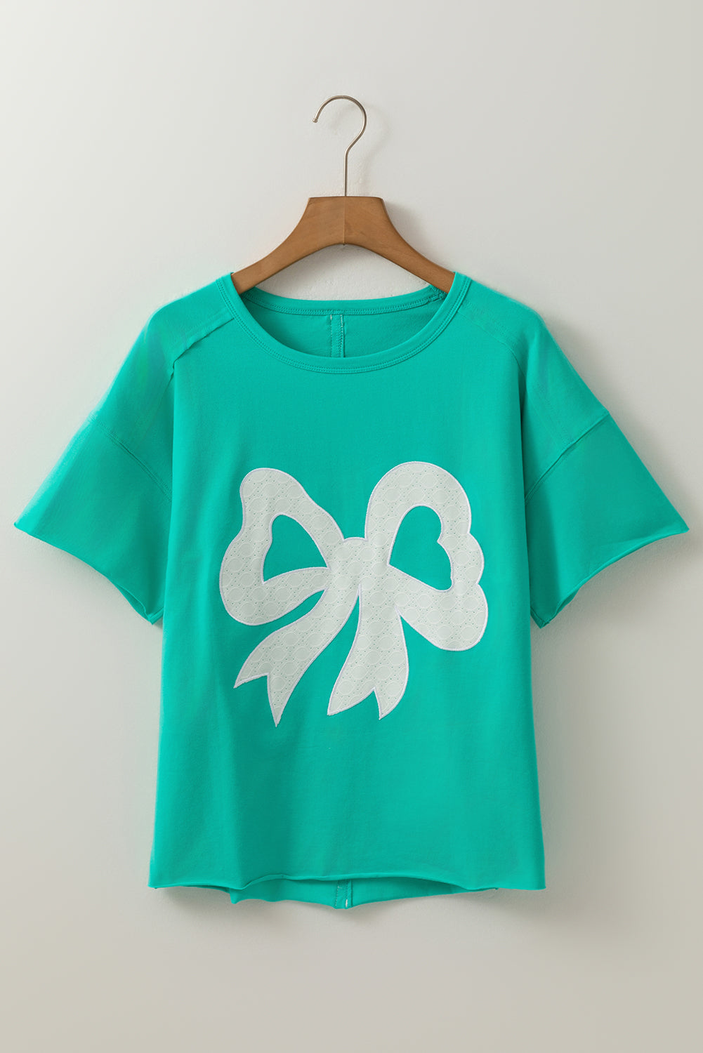 Medium Grey Lace Bow Raw Edge Drop Shoulder Casual T Shirt