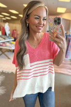 Load image into Gallery viewer, Strawberry Pink Contrast Stripes V Neck Knitted Short Sleeve Top
