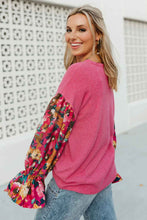 Load image into Gallery viewer, Sachet Pink Flower Patchwork Ruffled Sleeve Ribbed Knit Drop Shoulder Top
