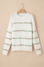 Load image into Gallery viewer, White Colorful Crossed Stitch Drop Shoulder Sweater
