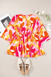 Orange Abstract Print 3/4 Sleeve V Neck Ruffled Babydoll Blouse