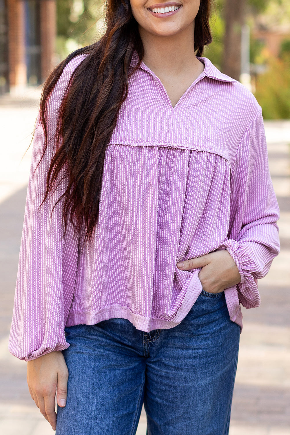 Bright Pink Corded Turn-down V Neck Bubble Sleeve Babydoll Blouse