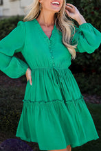 Load image into Gallery viewer, Sea Green Frilly V Neck Puff Sleeve Drawstring Shift Mini Dress
